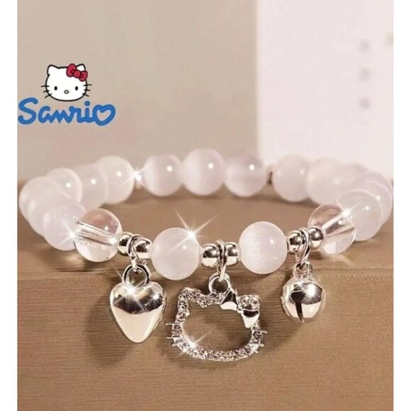 Hello Kitty Silver Charm Stretch Bracelet Rhinestone Heart & Beaded Design - Picture 1 of 3
